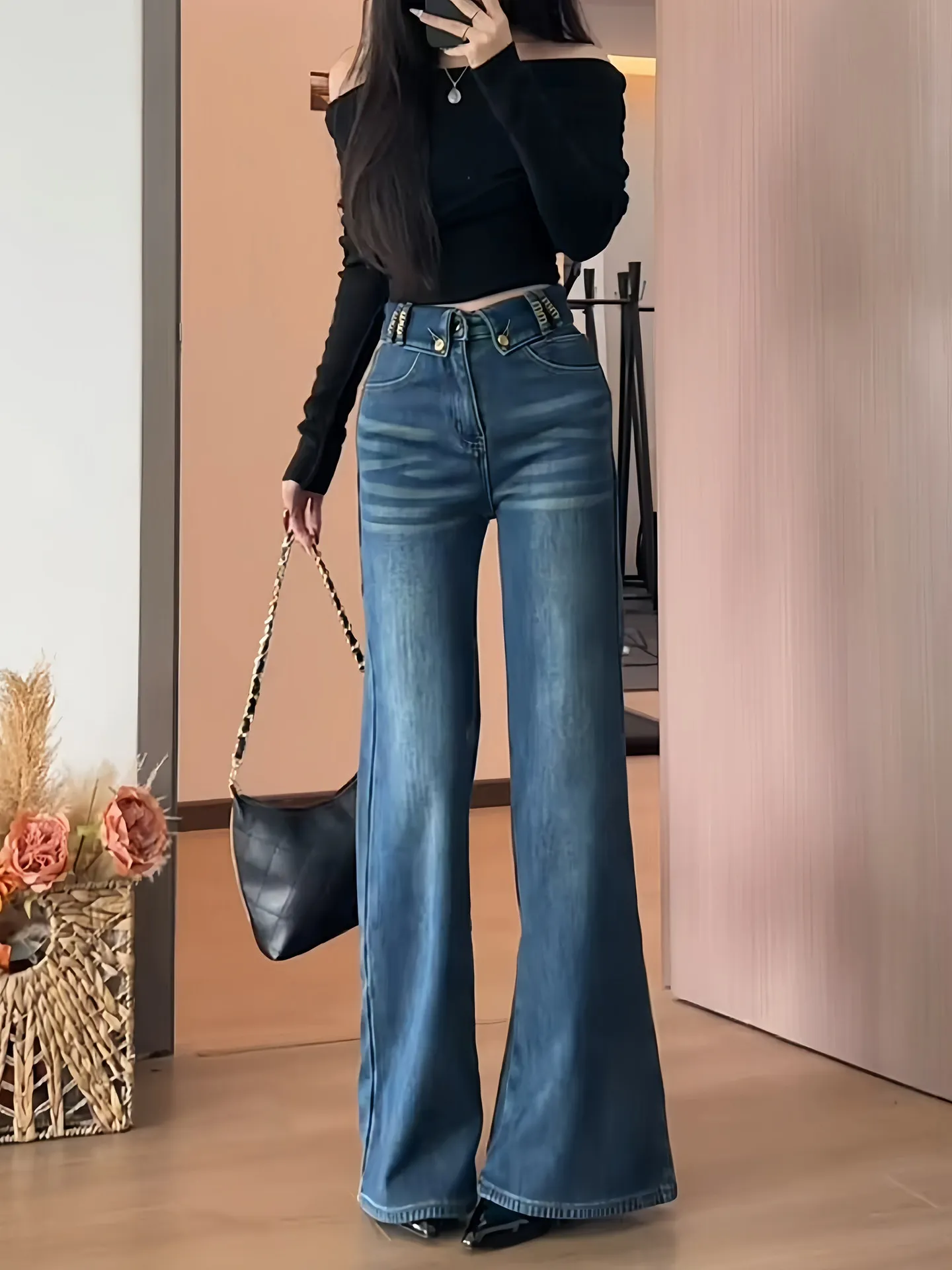 

High Waist Slimming Micro Flared Jeans Women's Tall Size Spring 2026 New Style Retro Denim Pants Straight Leg Long Trousers