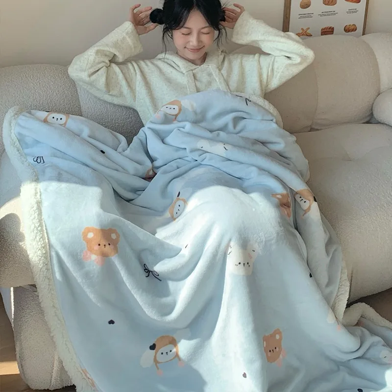 Korean Cartoon Printed Plush Blanket A-Side Milk Velvet B-Side Lamb Velvet Sofa Cover Thick Nap Shawl Blanket for Home Dormitory