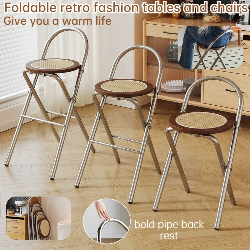 Durable retro foldable table and chair, metal frame with backrest, woven soft cushion, used for light and dark decorative styles