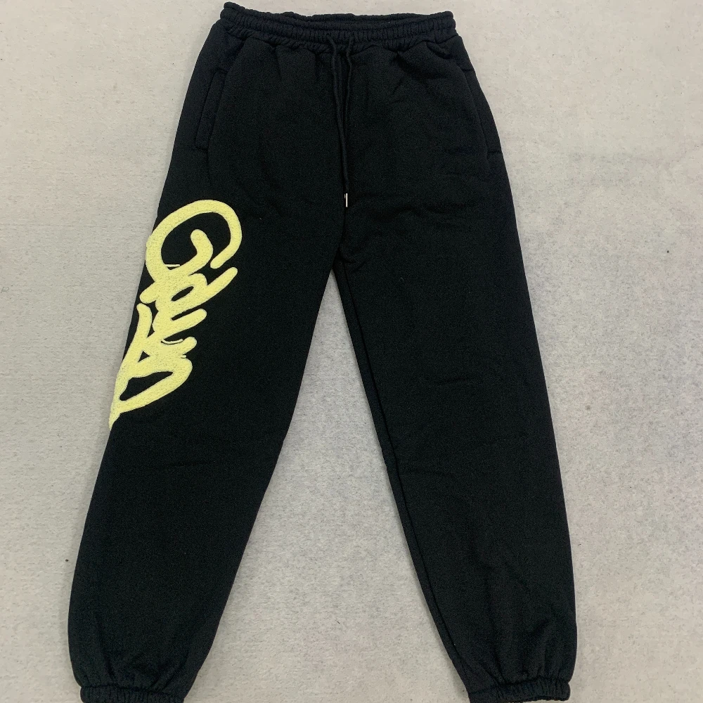 Unisex towel embroidered letter sweatpants with elastic drawstring waist, hip-hop street style loose leg pants, casual pants