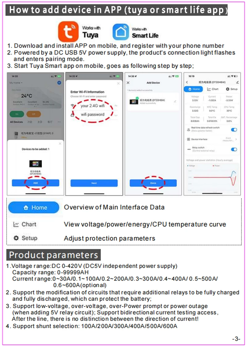 Probador inteligente de detección de capacidad de batería de litio, DC 0-420V, Tuya, WiFi, pantalla digital CC, voltaje de corriente, medidor de potencia Coulomb DT20W