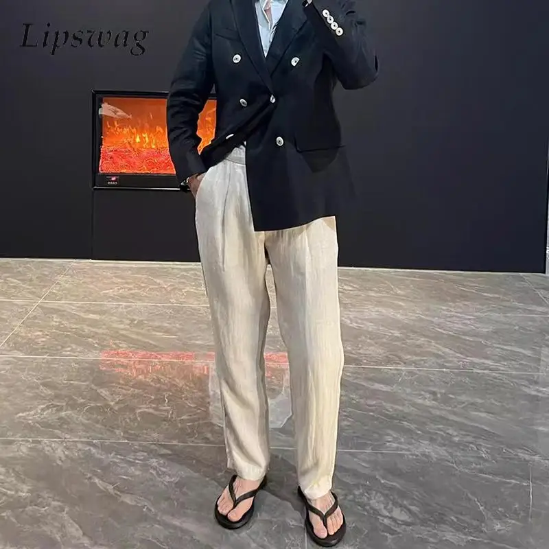 

Outdoor Casual Breathable Linen Pants Men Autumn Vintage Draped Loose Straight Trousers Stylish Men's Solid Color Linen Trouser