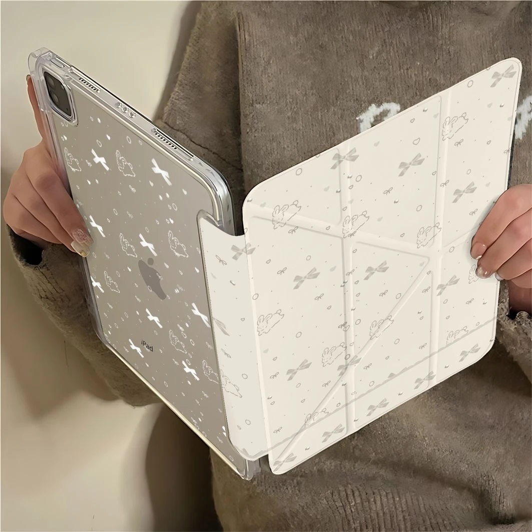 Cute Lace Rabbit Bow Love Y2K Y-Fold Tablet Case For iPad Pro 11 12.9 13 A16 M2 M4 M3 M5 5/6/7/8/9/10/11th Mini Air 3 4 5 Cover