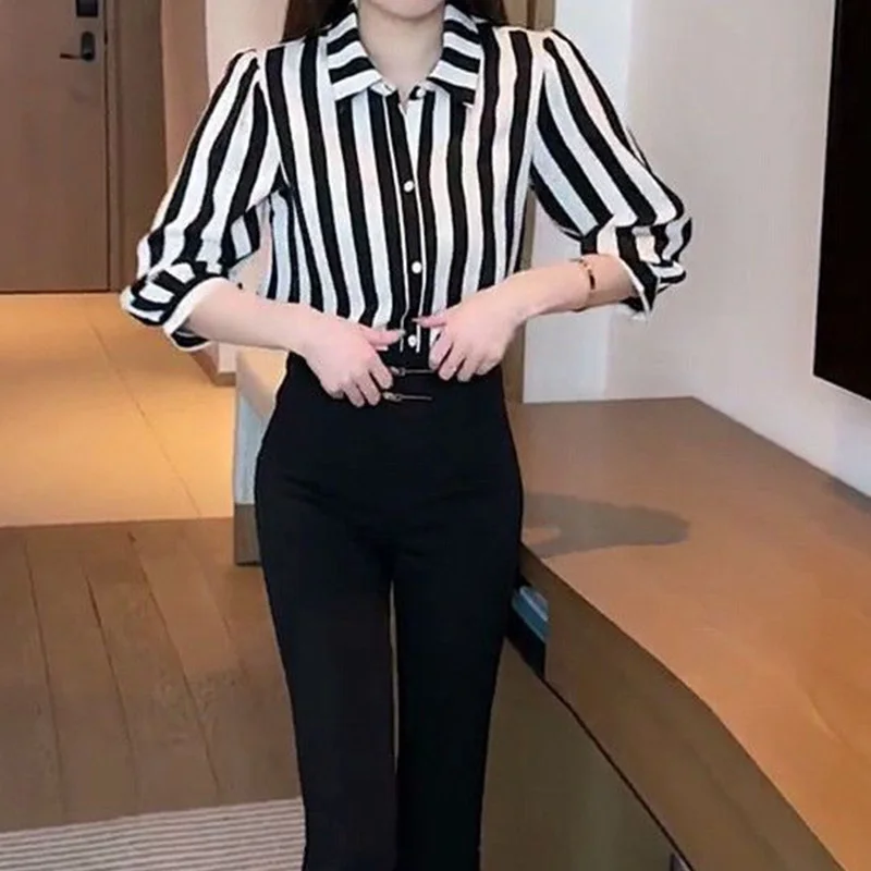 2024 New Summer Elegant Fashion Striped Knitting Office Lady Women\'s Shirt Elegant Fashion Chiffon V Neck 3/4 Sleeve Chic Tops