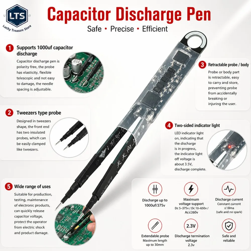 Capacitor Discharge Pen 1000UF Constant Current Discharger With LED Indicator Extendable Tweezer Probe PCB Maintenance Tool