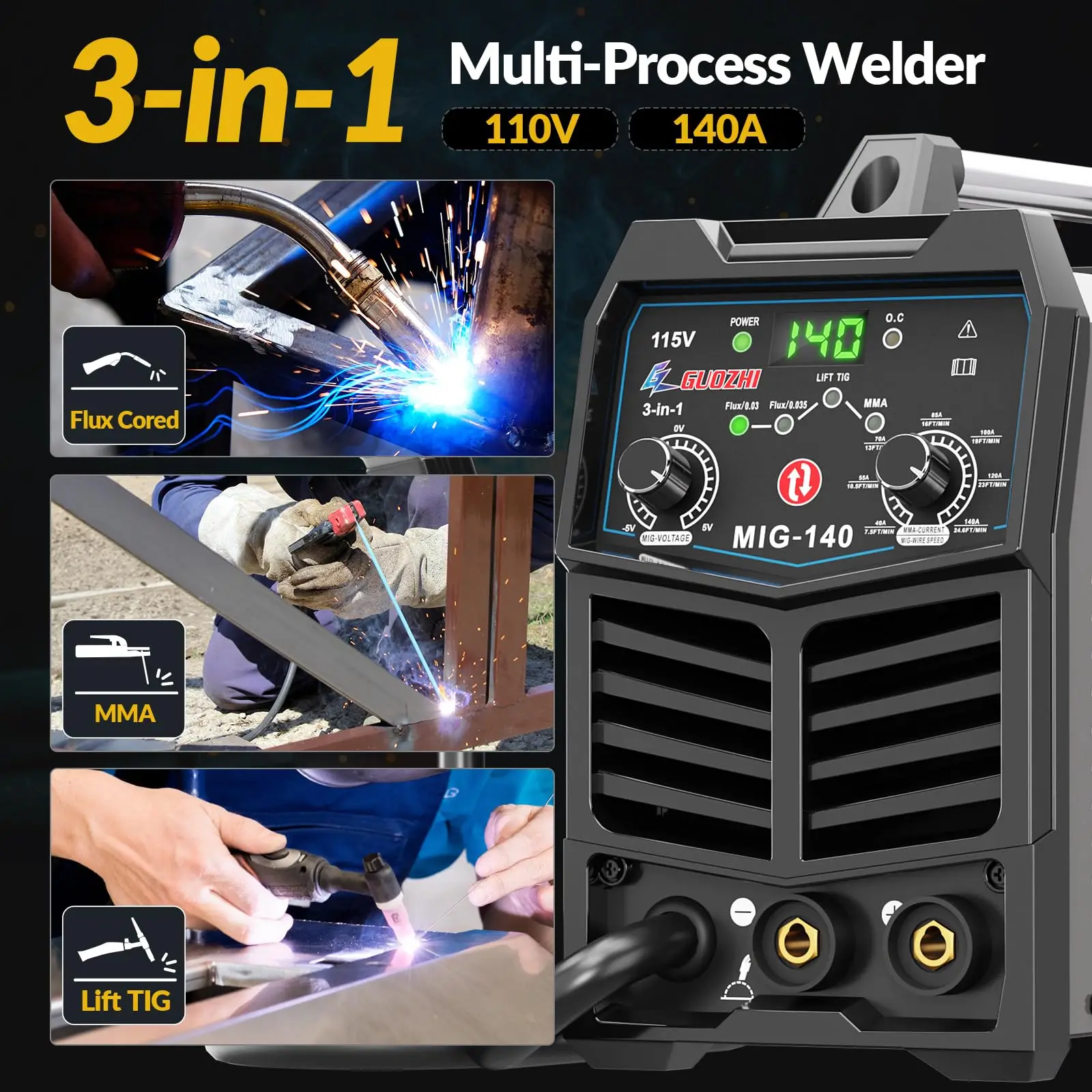 140A MIG Welder 3 in 1 Welder FLUX MIG/ARC/Lift TIG Multi-Process Mig Welder 110V Welding Machine Welder Machine 110v Flux