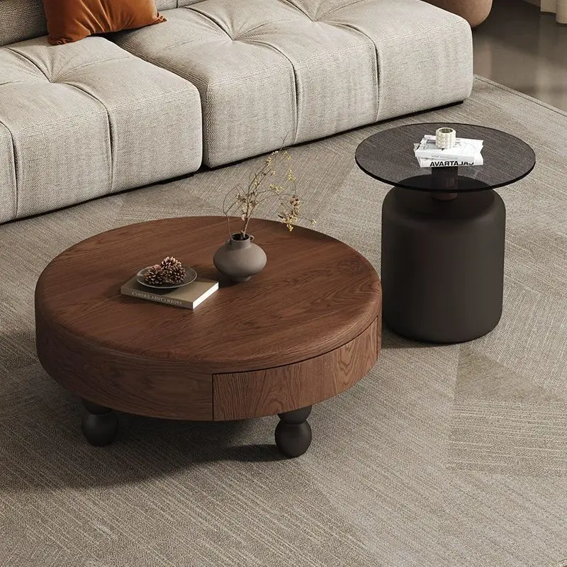 

Light luxury ancient style combination solid wood household round coffeetable small apartment modern walnut living room