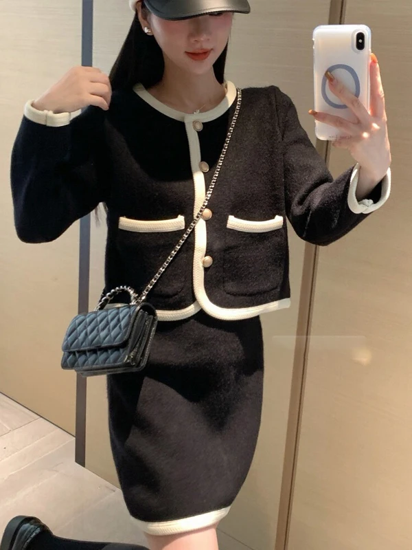 

Stunning Autumn Winter Two-Piece Set Women's Color Blo ort Jaet High Waist Skirt French Sle Faionable Outfit