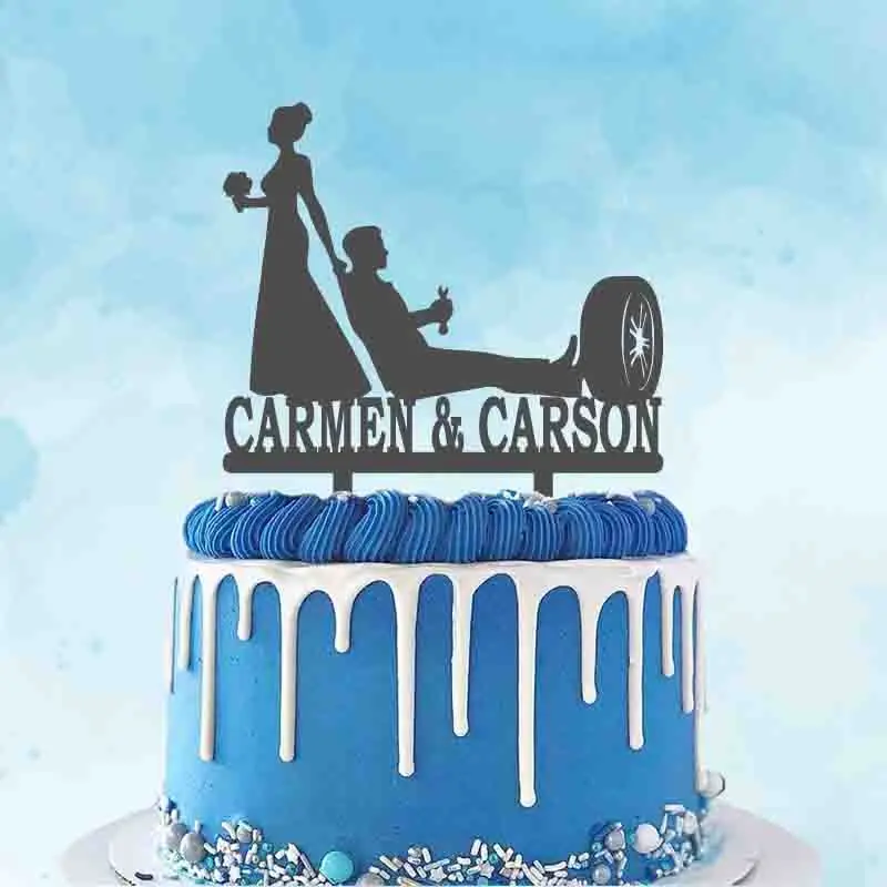 車のメカニックのウエディングケーキトッパー、カスタムカップルの名前レンチツール、車のタイヤメカニックの面白いトッパー、yc436