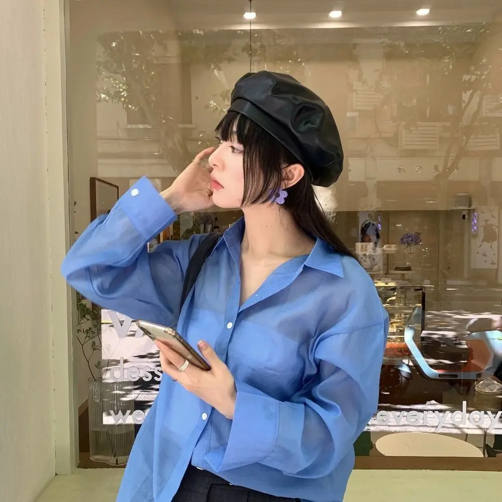 

Personality Solid Color PU Beret Retro British Style Painter Hat Y2K Korean Newsboy Cap Girl