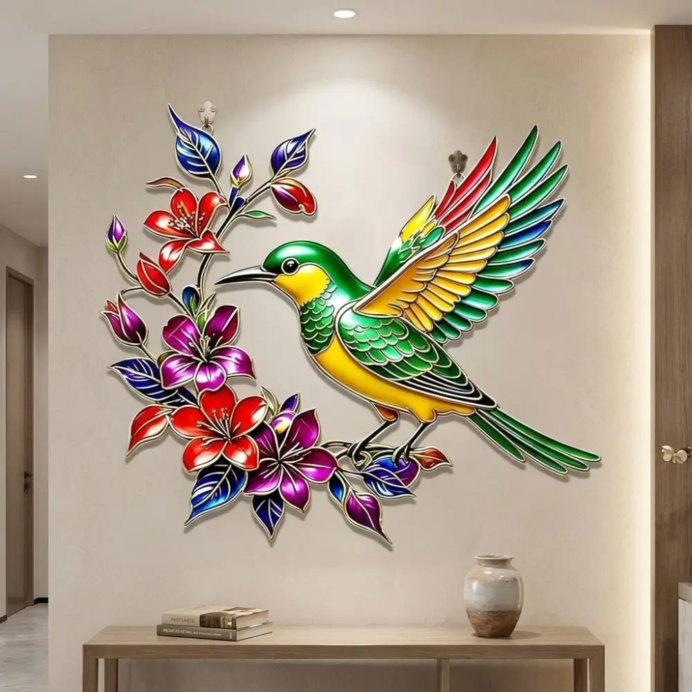 Colorful Flower Iron Art Bird Wall Hanging Hand Painted Weather Resistant Colorful Birds Sculpture Rustproof Wall Ornament