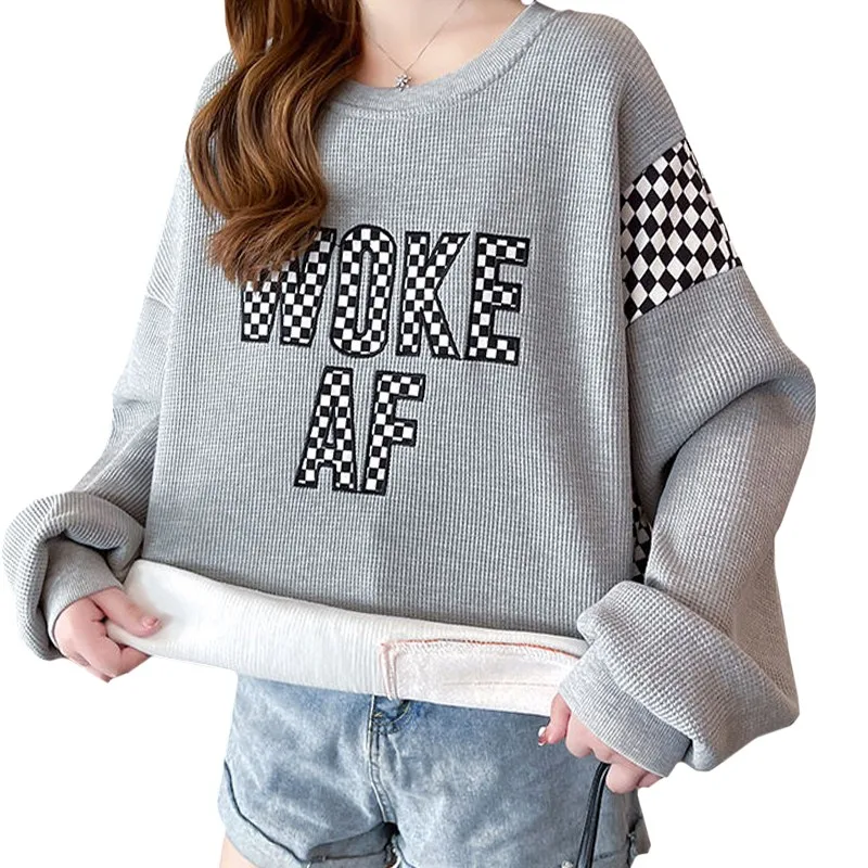 

Fashion Korean Embroidered Letter Lattice Women's Autumn Winter Fleece Sweatshirt Harajuku Fit Long Sleeve Female Coat Pullover