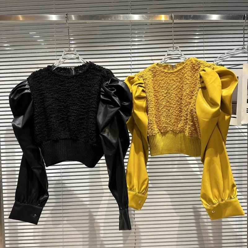 Style 2022 Winter New Three-dimensional Bubble Shoulder PU Leather Sleeve Splicing Design Sweater Top Women's Wear