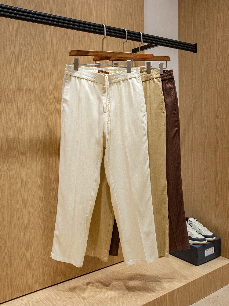 

Стильные и удобные мужские повседневные брюки прямого кроя из смесового льна, тонкие, летние, с эластичным поясом на шнурке, свободного кроя