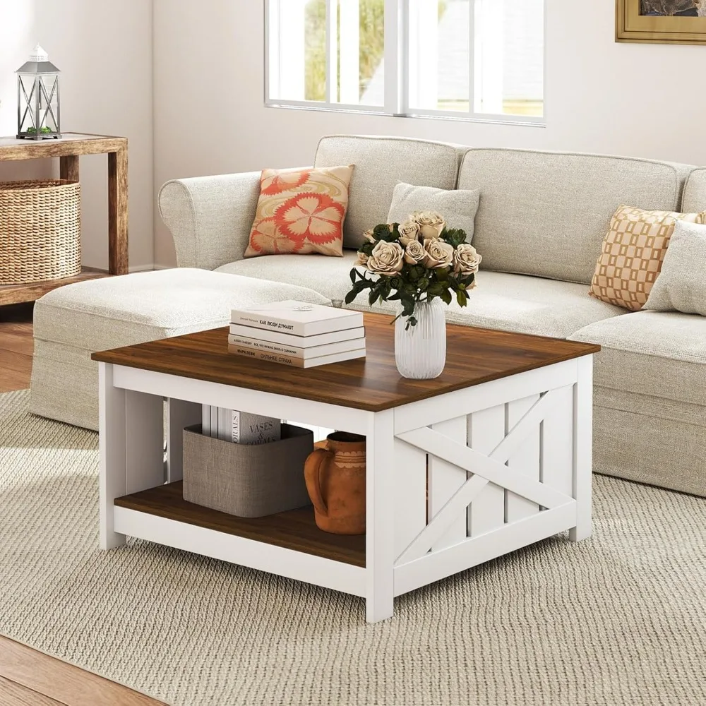 Farmhouse Coffee Table, 31 Inch Square Wood Coffee Table with Storage Shelf, 2-Tier Vintage Center Table with Open Compa