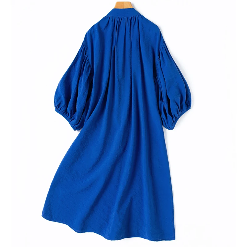 فستان حريري نسائي 76% حرير التوت 24% نايلون أزرق ملكي اللون شق الرقبة فانوس كم قصير طول الركبة قميص فستان M1320