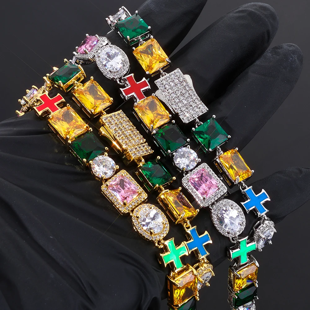 

Colorful Gemstone Bracelet for Women Hip hop Multi Colored Rectangular Yellow Shiny Zircon Spring Buckle Jewelry