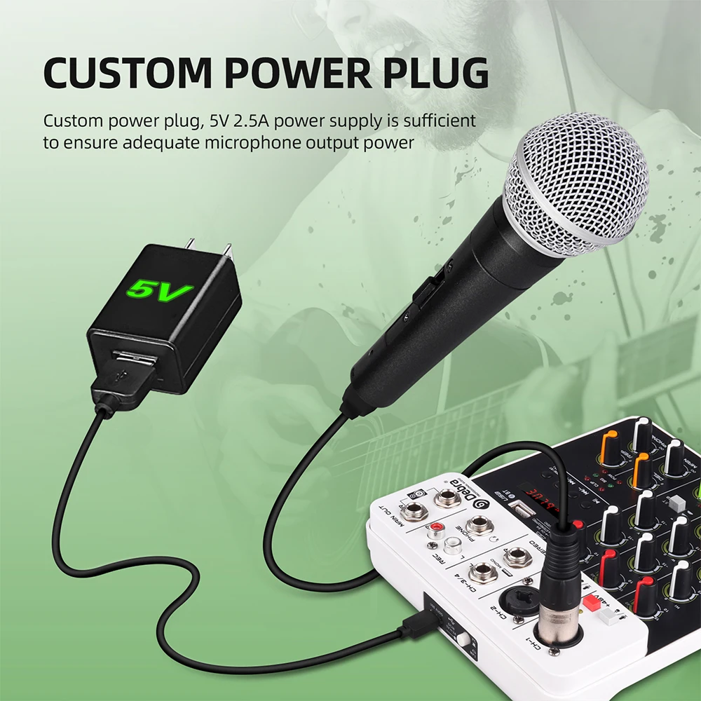 Debra V4 4-Channel Audio Mixer with Bluetooth USB 48V Phantom Power Delayed Replay Effect for Computer Recording, DJ Console