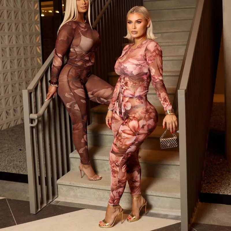 

Doyerl Комплекты из 2 предметов с цветочным принтом Женский наряд Осень 2025 Сексуальный клубный сетчатый прозрачный топ с длинными рукавами и леггинсы Одинаковые комплекты