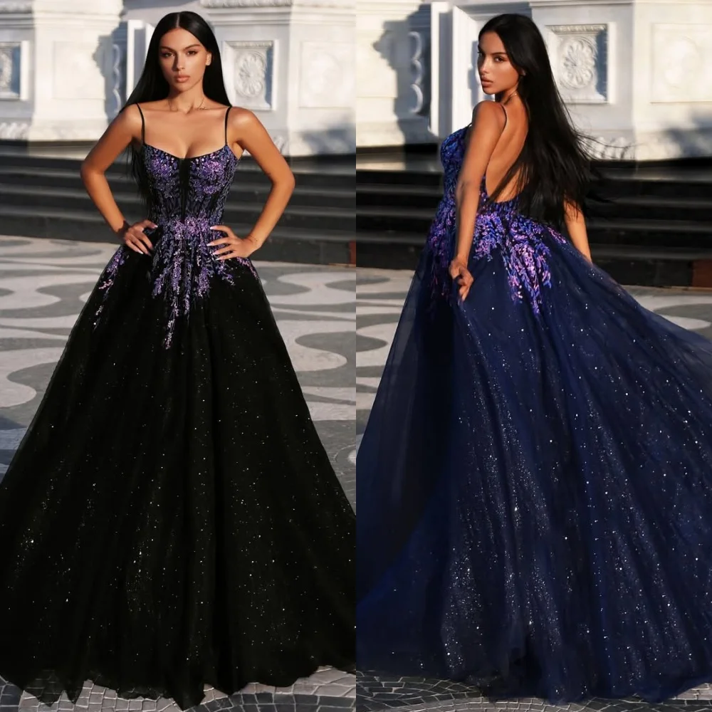 

Customized Exquisite Black Tulle Evening Dress Classic Strapless Spaghetti Straps Prom Dress Chapel Train Backless Party Dress