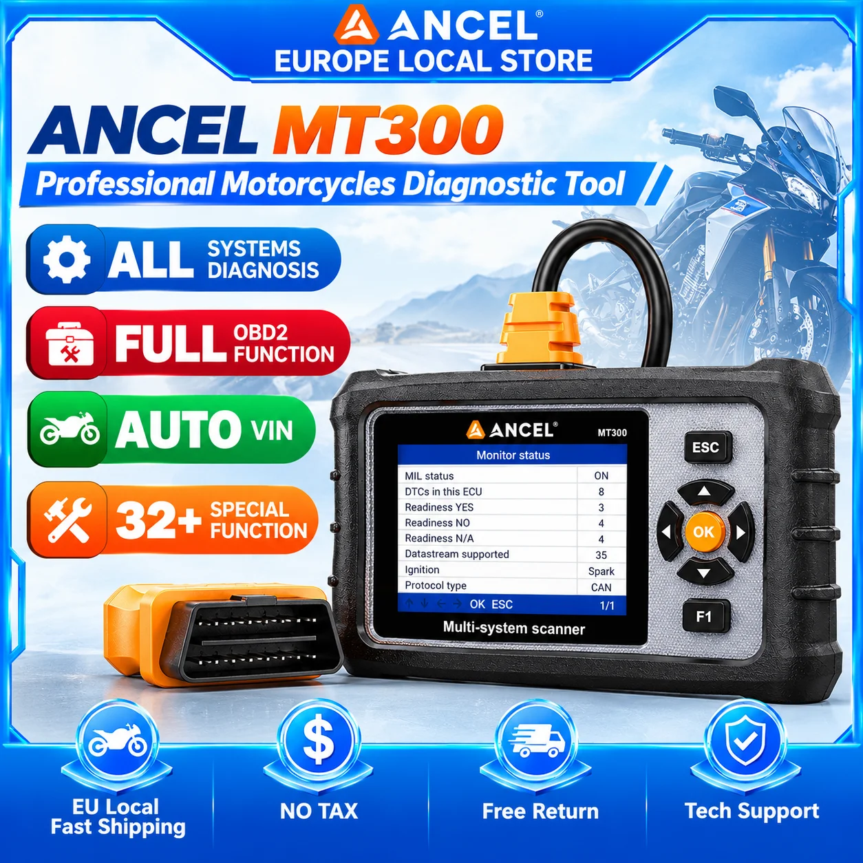 ANCEL MT300 Motorrad-OBD2-Scanner für BMW, alle Systeme, 32+ Reset-Funktionen, professionelles Motorrad-Diagnosegerät, Motorräder, Fehlercodes auslesen und löschen, Live-Daten, lebenslange kostenlose