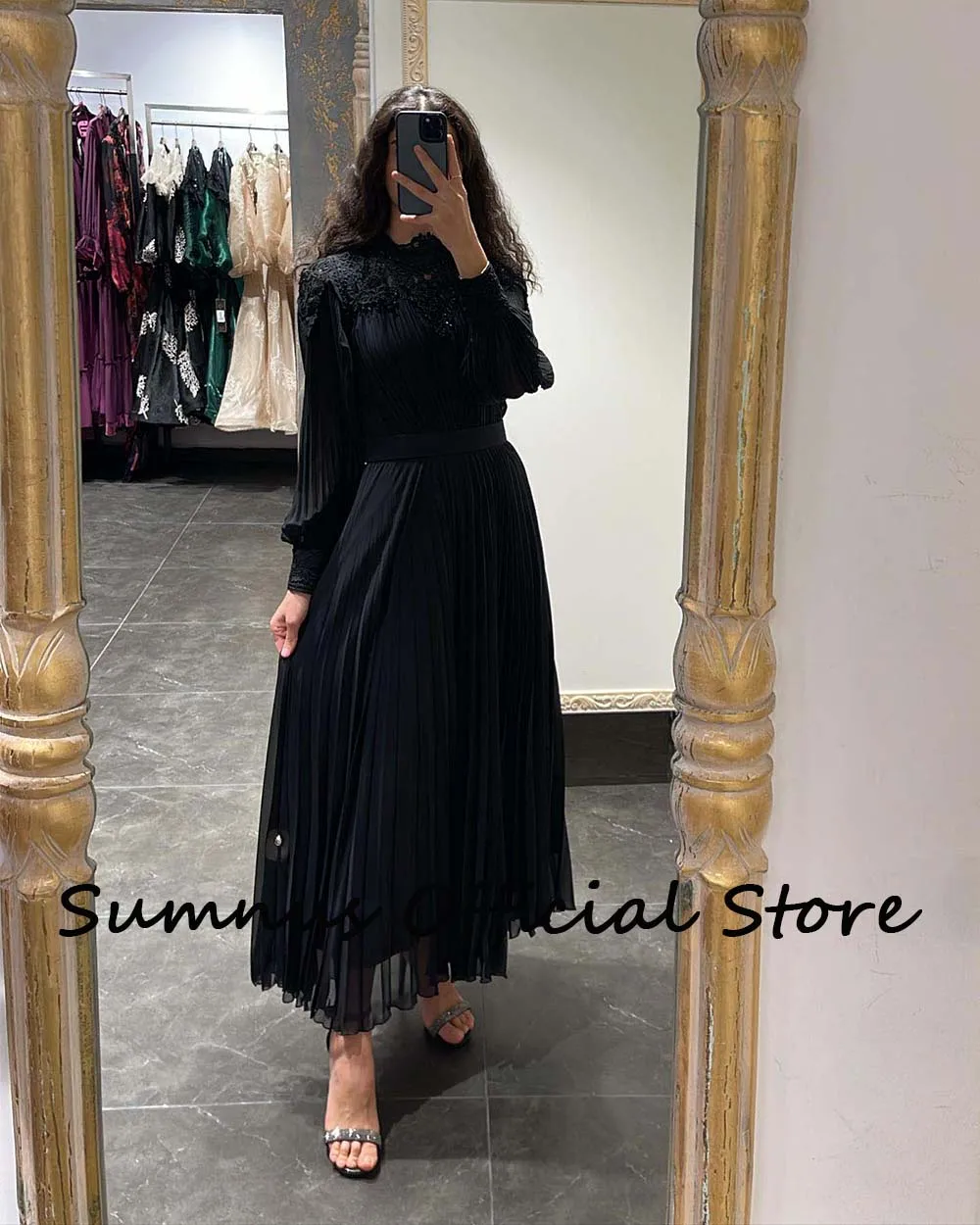 Sumnus azul royal chiffon dubai vestidos de noite alta pescoço rendas apliques manga cheia preto arábia saudita vestidos formais com cinto