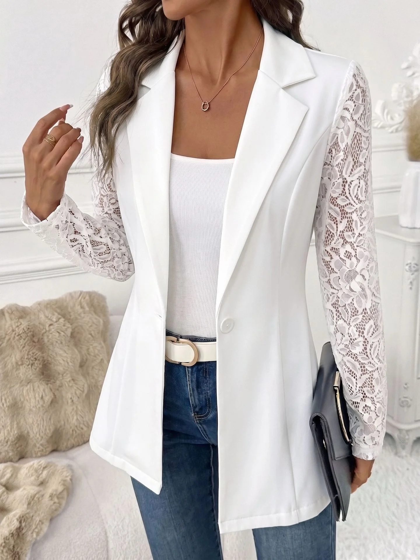 Patchwork Long Sleeve Coat with Mid Length Slim Fit Commuter Chic Women Suit Autumn Regular Sleeve V Neck Single Button Closure