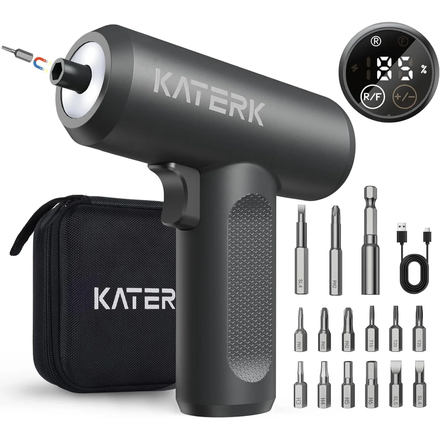 

Cordless Screwdriver Set, 4V Rechargeable 2500mAh, 5 Torque Settings, LED Light, 15 Bits