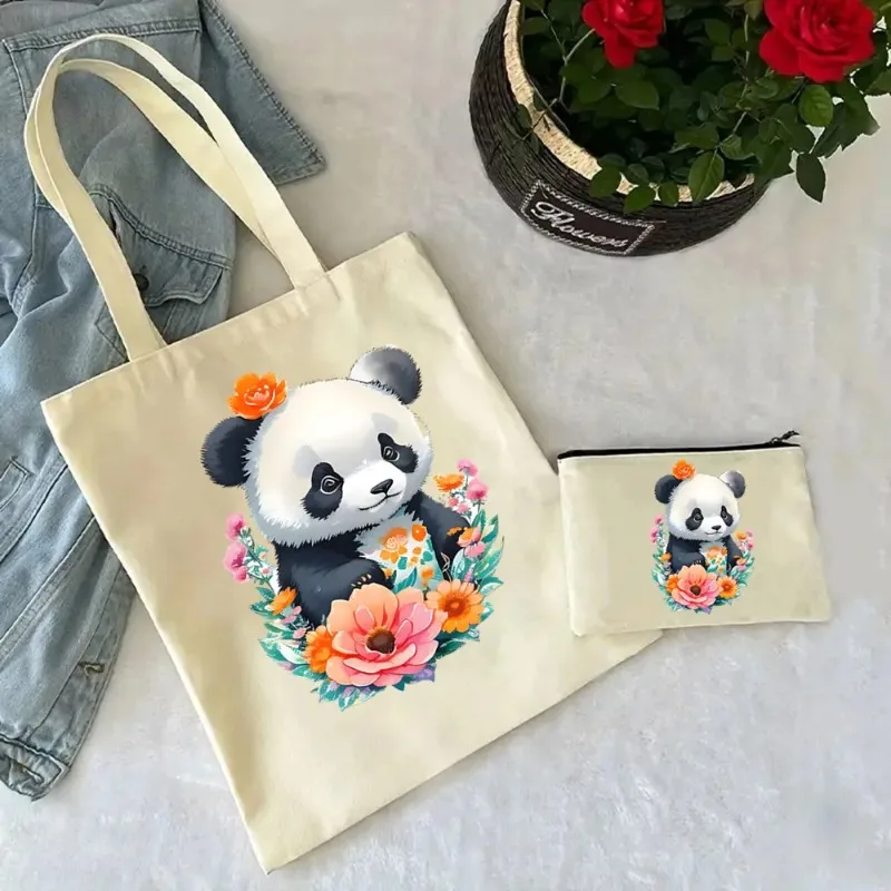 

2 Pcs Cute Panda Ladies Handbag Cosmetic Bag Canvas Shoulder Bag Eco-friendly Large Capacity Fashion Shopping Bag Wallet