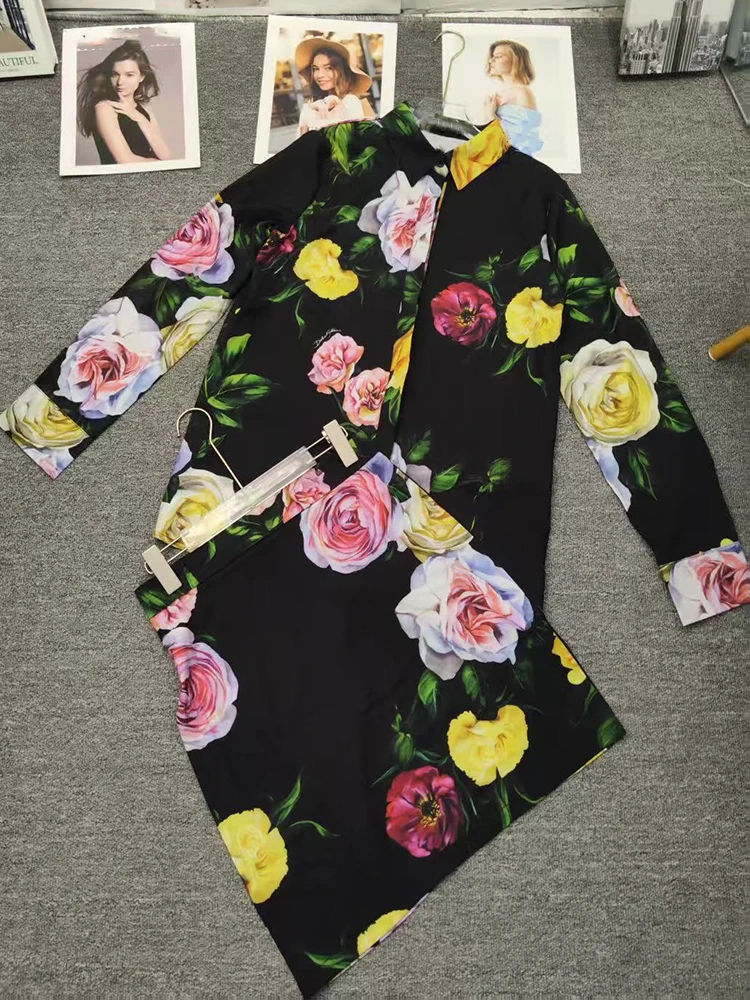Retro flower print long-sleeved shirt top spring/summer 2025 new+slim hip mini short skirt elegant two-piece women's suit