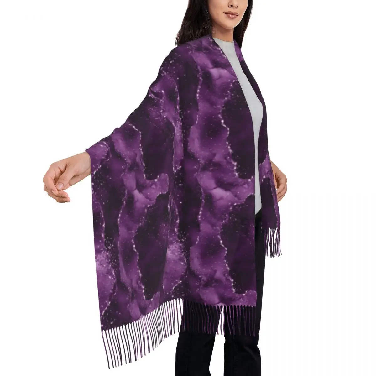 Marble Scarf Unisex Moody Purple Agate Scarves Wraps with Long Tassel Autumn y2k Cool Shawls Wrpas Warm Soft Printed Foulard