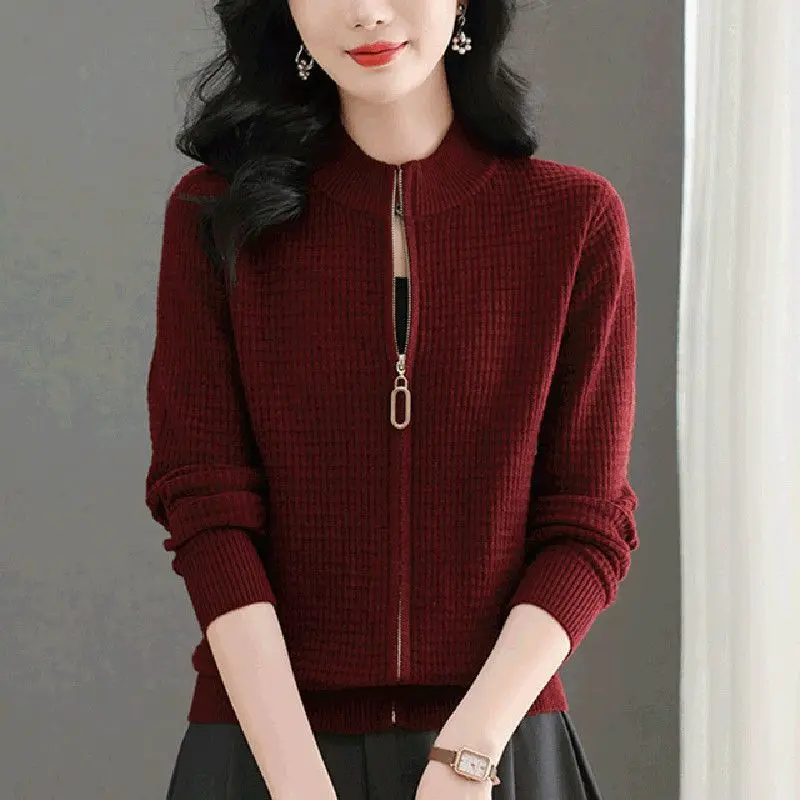 Veste courte Slim pour femme, vêtements de printemps et d'automne, col montant, tricot, haut à manches longues, manteau pull pour femme