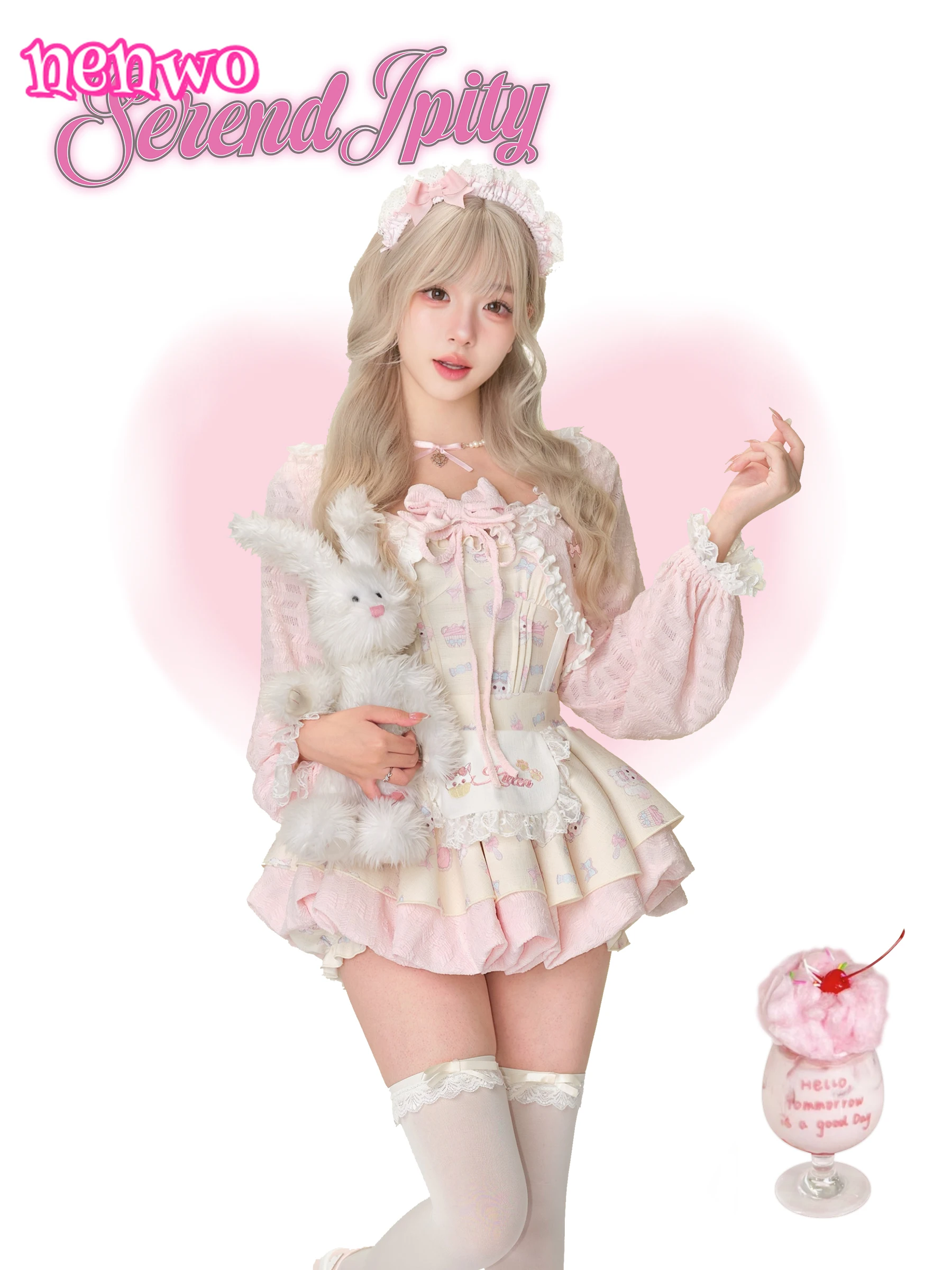 

Японский кавайный комплект в стиле Лолиты, комплект из 3 предметов, женский кружевной кардиган с бантом, укороченный топ, платье с ремешком и принтом кота, милые наряды Y2k