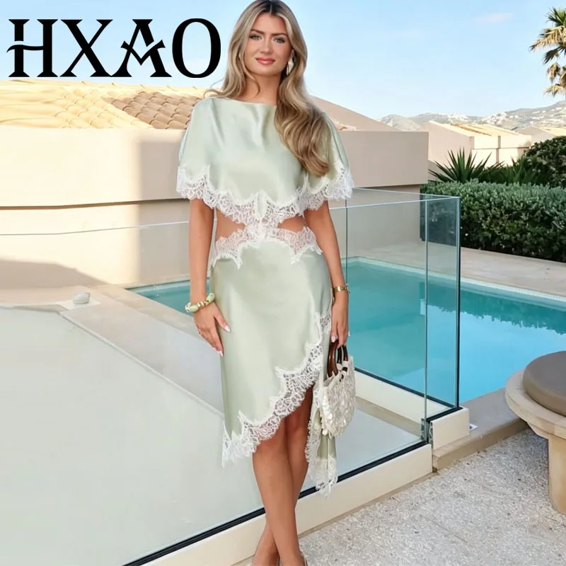 HXAO Women's Dress Elegant Party Dresses Summer Evening Prom Dresses Satin Lace Short-sleeved Gown Midi Skirt Beach Cape Dress﻿