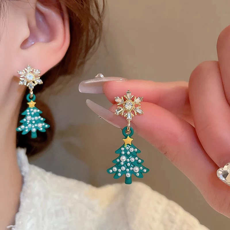 1Pair Light Luxury Snowflake Christmas Tree Pearl Tassel Earrings For Women Girls Sweet Versatile Earrings Jewelry Gifts