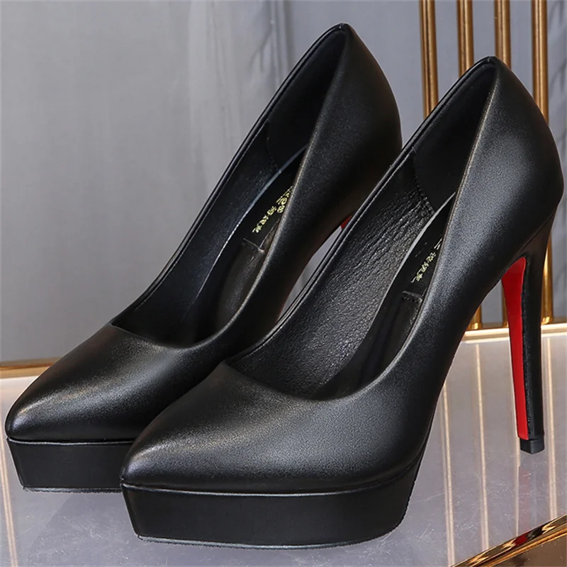 Luxury Women Pumps Spring Autumn Slip-On Platform PU Leather 12cm Thin Heels Korean Style Casual Women Profession Shoes Black