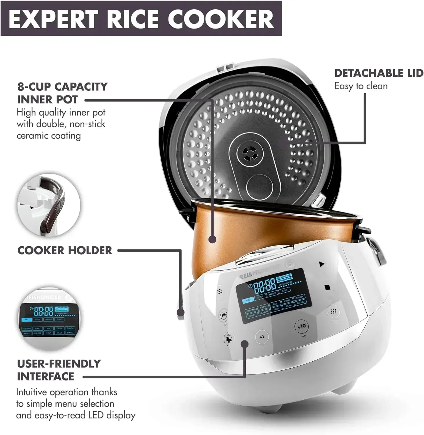 Reishunger Digital Rice Cooker and Steamer, Black, Timer - 8 Cups  Premium Inner Pot, Multi  with 12 Programs & 7Phase T