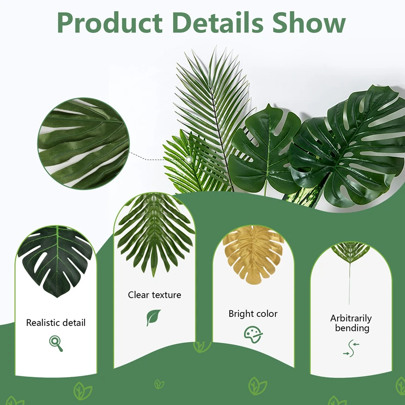 Hojas de plástico para decoración de fiesta, plantas artificiales de Palma Tropical de 66 piezas, temática hawaiana, decoración de jungla