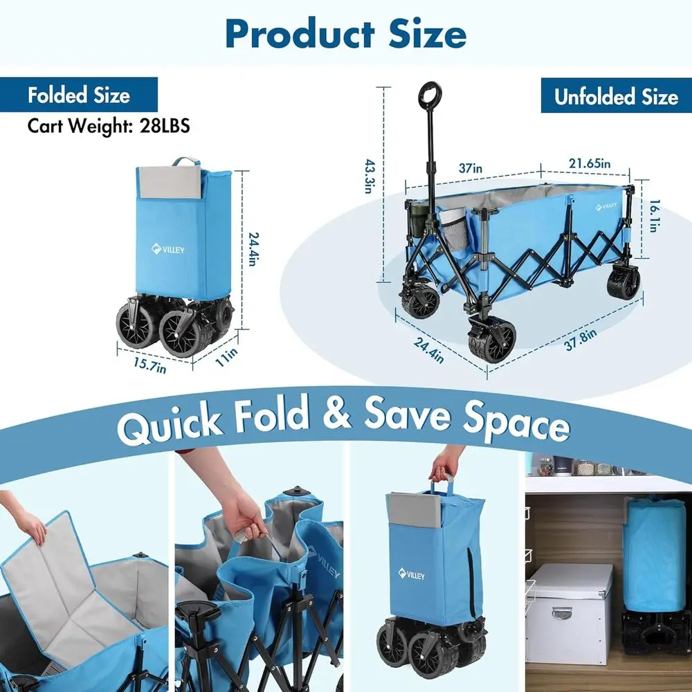 Robuster, zusammenklappbarer 220-Liter-Utility-Wagen mit All-Terrain-Rädern, 330 Pfund Tragkraft, Blau, für den Strand- und Gartengebrauch