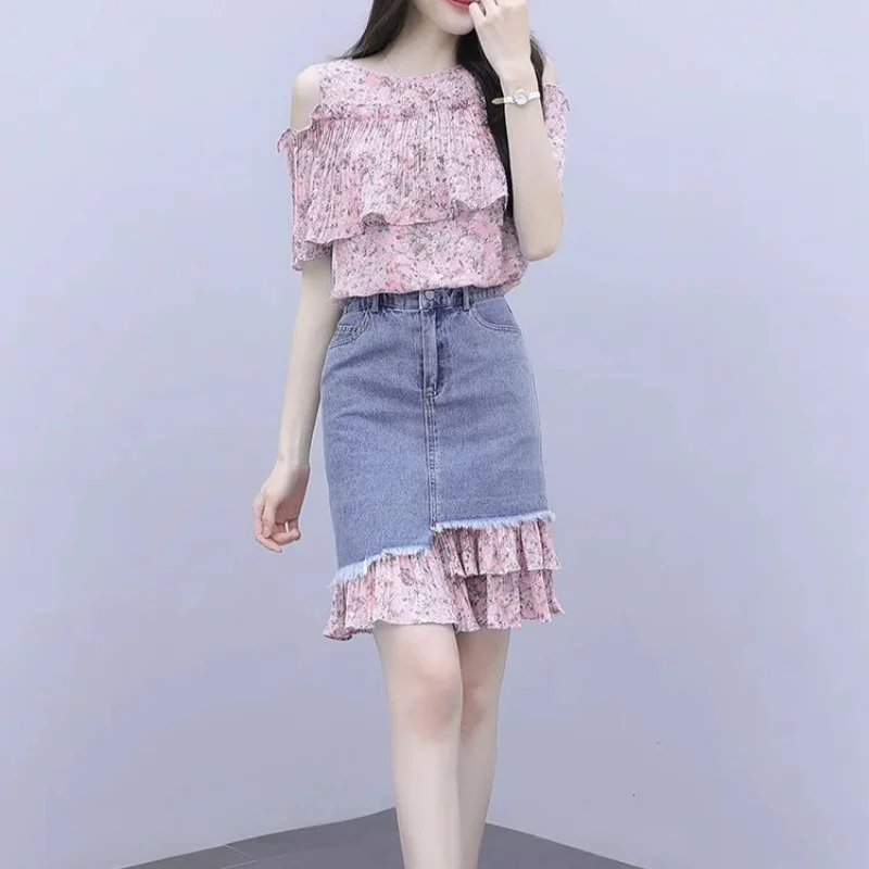 Woman Outfit Kawaii Printing Short Sleeve 2 Pieces Sets for Women Denim Commuting Skirt Summer Clothes 2024 Top and Bottom Full