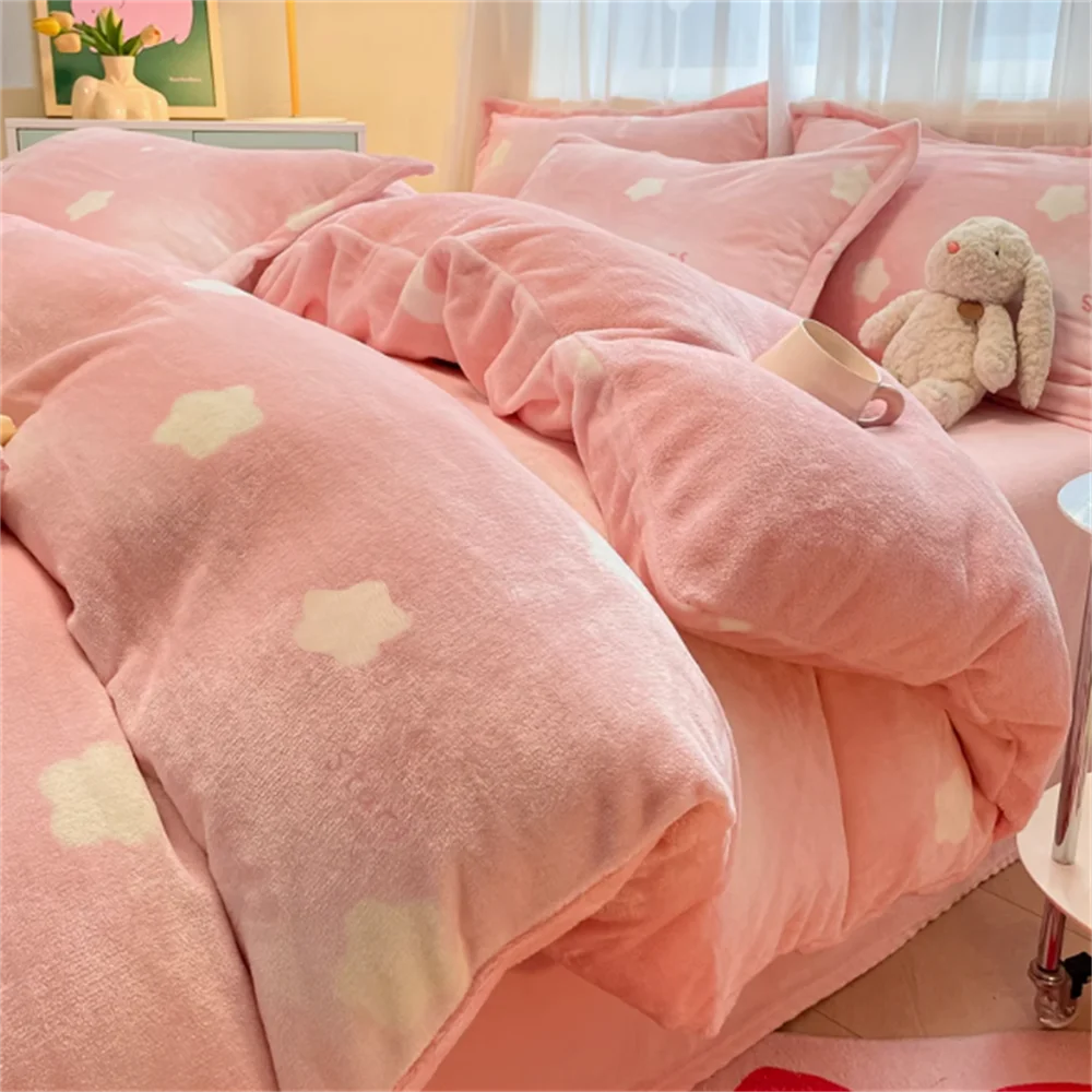 Winter Double-Sided Milk Coral Fleece Bedding Four-Piece Set Thickened Plush Quilt Three-Piece Flannel Warm Duvet Cover Set