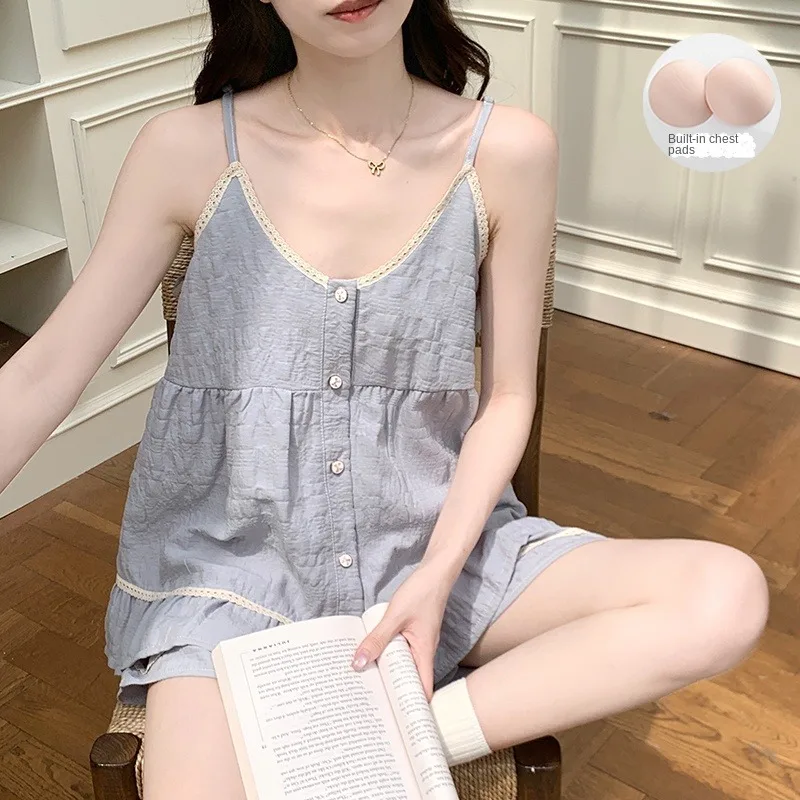 Women Blue Solid Camisole Pajama Set With Built In Chest Pads Sleepwear 2PCS Casual Soft Loungewear Summer New Sleepwear Pajamas