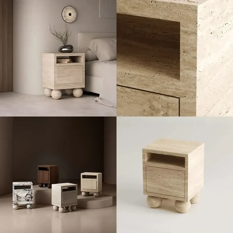 Modern Square Beige Travertine Marble Side Table Natural Stone End Table for Bedroom Living Room Home Decor Furniture