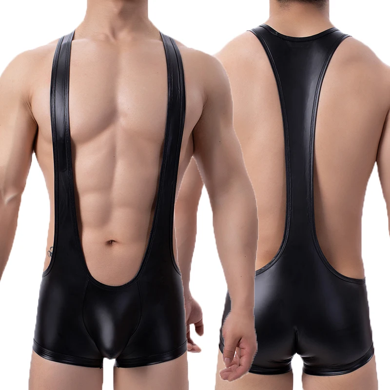 Lingerie Sexy body da uomo canottiere calzamaglia di un pezzo in pelle sintetica in lattice tute Clubwear Wrestling canottiera pagliaccetti gilet 2XL