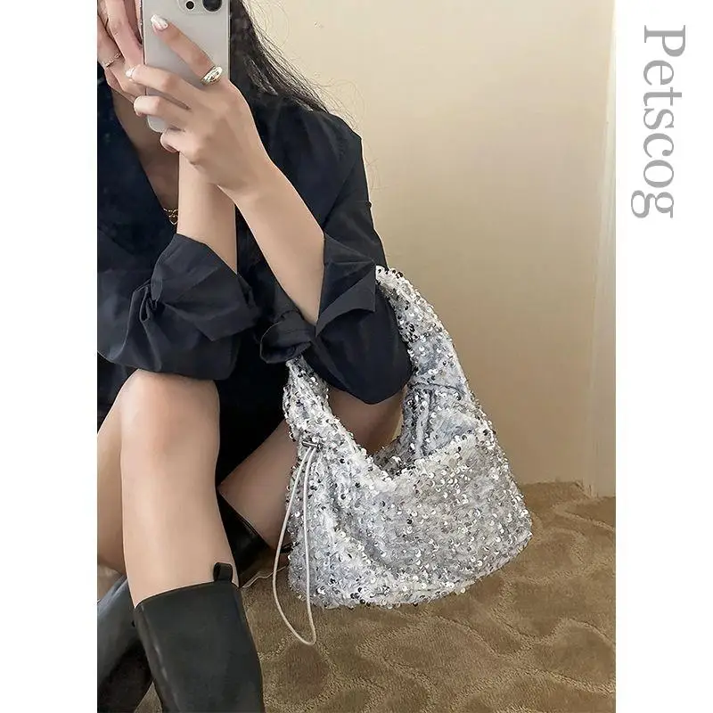 Sequin Pleated Party Handbags For Women 2023 Designer Luxury Underarm Hobo Soft Purses Y2k Dinner Prom Shoulder Bags