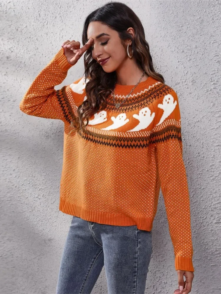 Autumn Winter Women's Clothing New Halloween Ghost Retro Polka Dot Long Sleeved Knitted Sweater Loose Fitting Women's Clothing