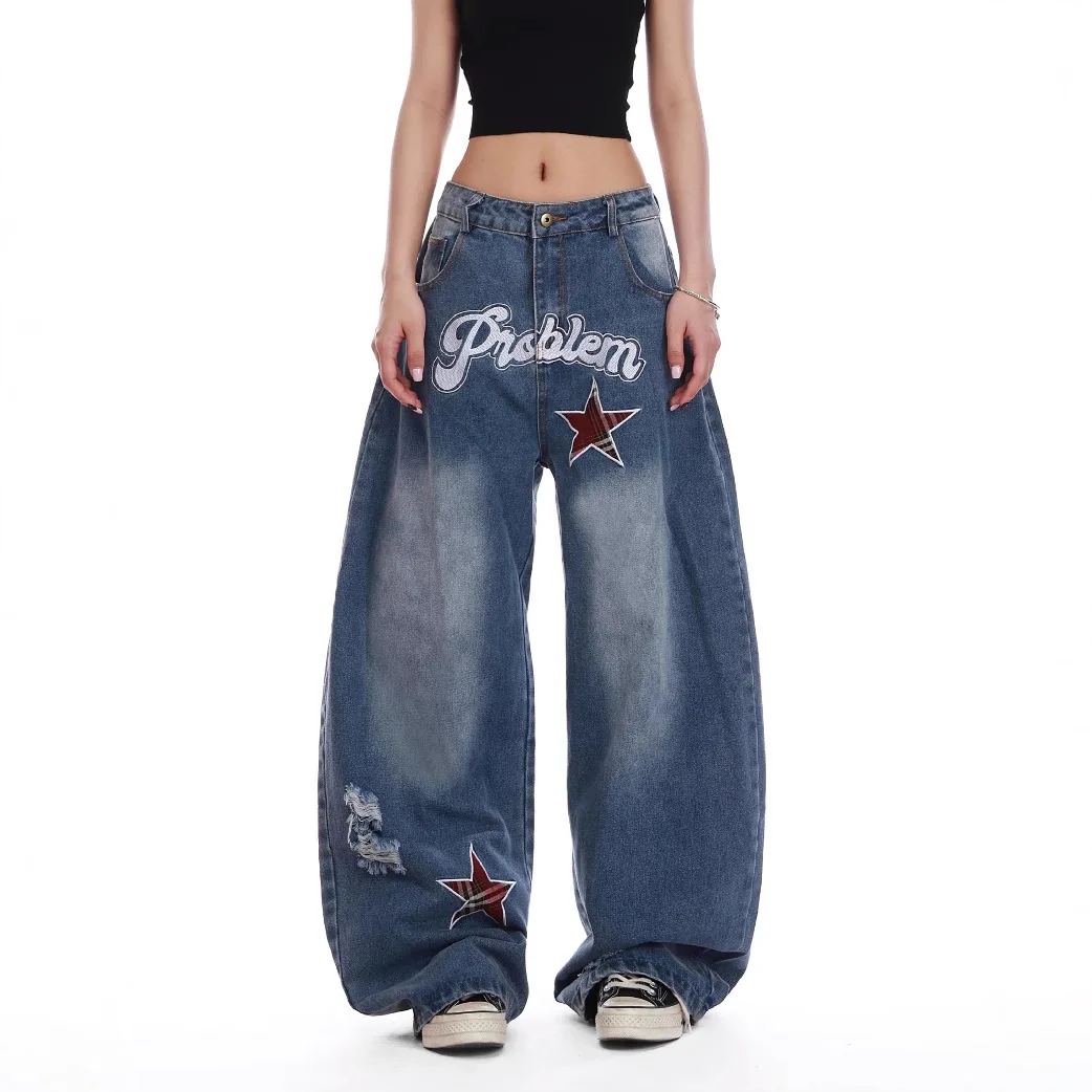 Women Vintage Plaid Star Patch Wide Leg Jeans Y2K Letter Embroidery Baggy Denim Pants Hip Hop Streetwear Loose Trousers