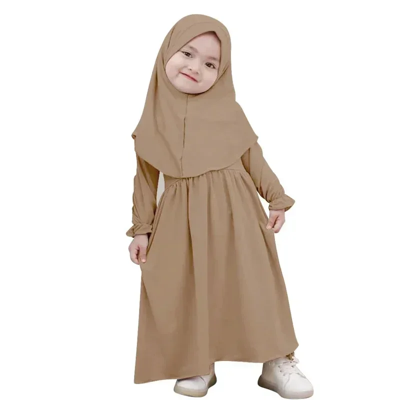

Muslim Abaya Robe And Headscarf Set For Girls 0-5 Years Pure Color Robe With Hijab Girls Outfits&Set Children Muslim Outfits