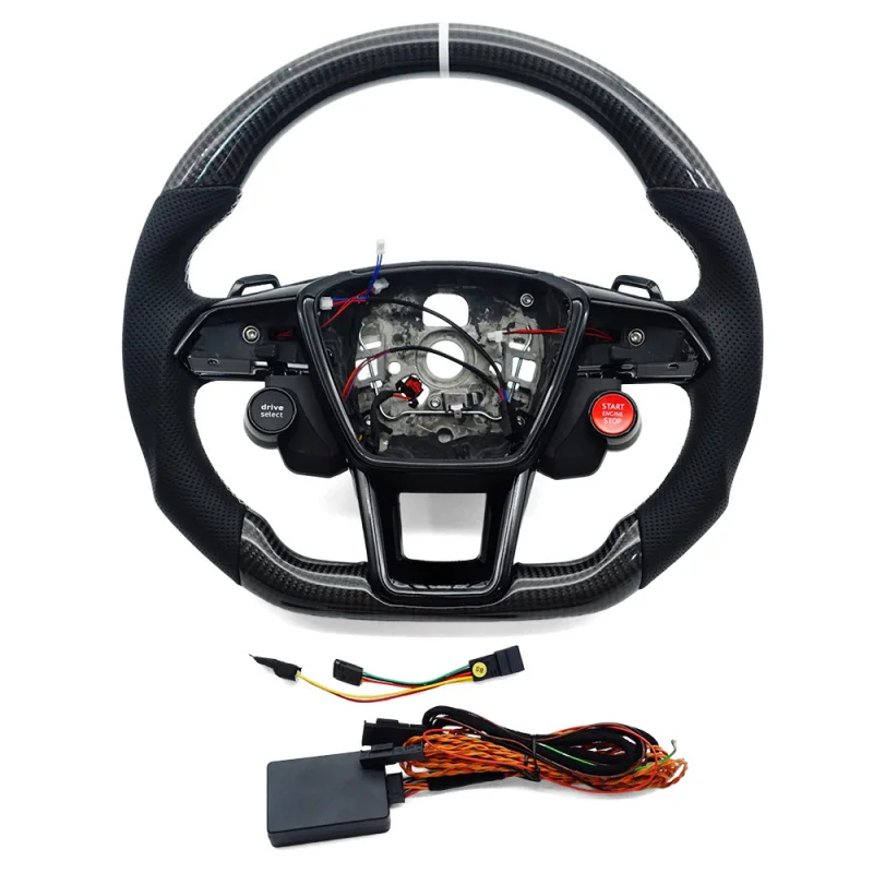 For Audi A6C8A7RS, carbon fiber semi-perforated with white stitching, R8 buttons, white return-to-center markings, heat
