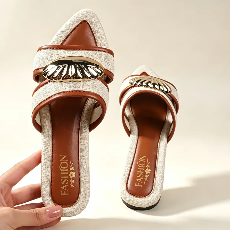 Retro Pointed Half-Slipper Women Summer Color-Block Flat Sandals for Outdoor and Office Wear